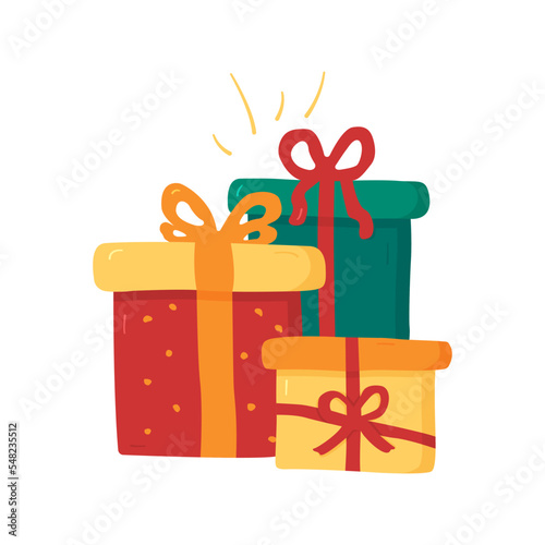 Colourful gift boxes with ribbon and bow. Christmas, birthday, New Year symbol, surprise in cartoon style on white background. Png, vector illustration