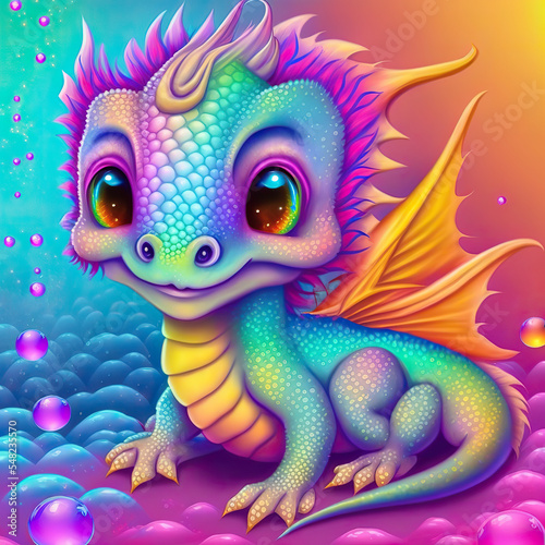 Rainbow colored baby dragon illustration, 3d © FantasyEmporium