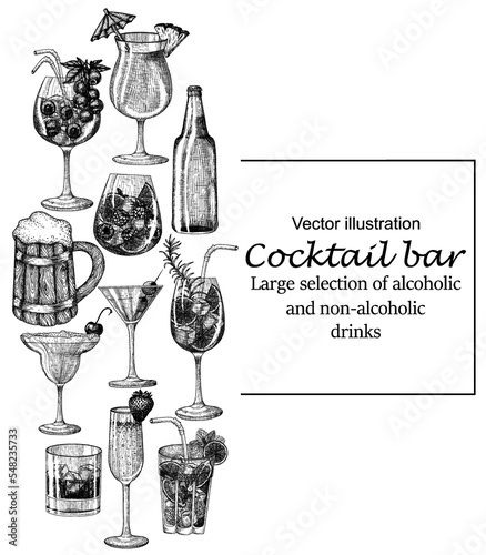 Vector set of 11 glasses of drinks in engraving style. Graphic linear aperol, mojito, strawberry champagne, berry cocktail, martini, iced whiskey, cherry margarita, pina colada, ale, beer