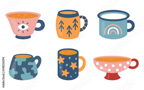 Set of tea or coffee mugs with different ornaments. Kitchen or ceramic crockery theme. Full and empty cartoon cups. Vector illustration on white background. 