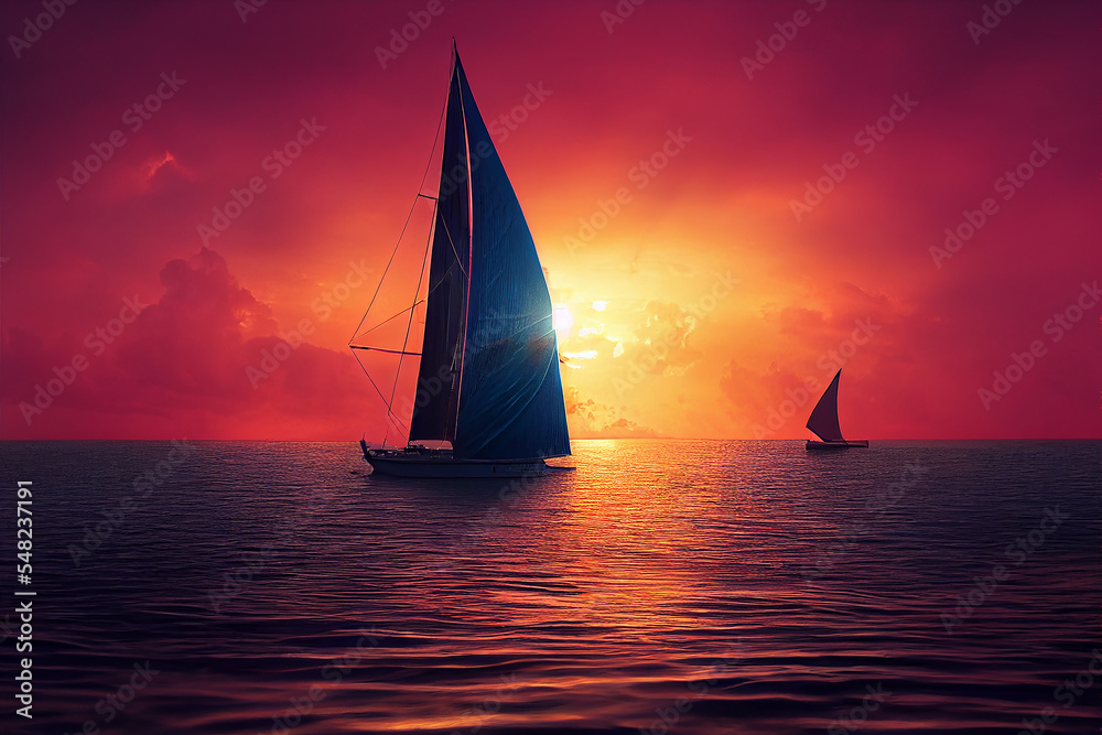 One big and one small sailing boat at sunset calm sea