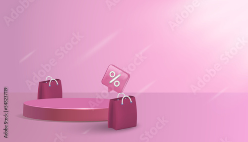 3d vector podium or pedestal and shopping bag. Pink cylinder podium background