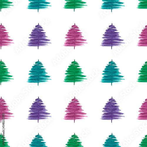Seamless watercolor pattern Christmas trees multicolored on a white background