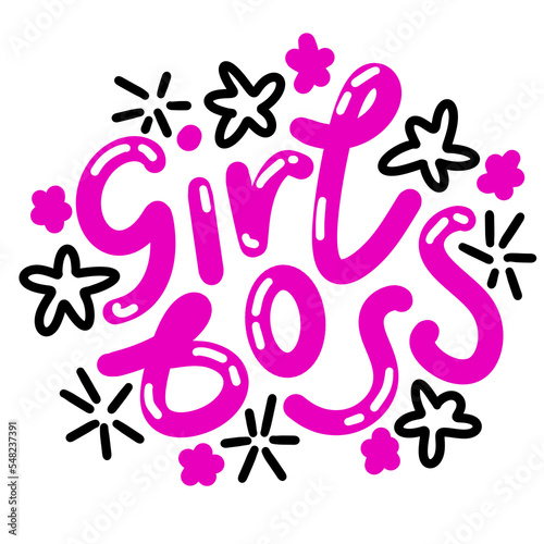 Hand drawn illustration of girl boss phrase words lettering in pink black stars. Motivational inspirational text for graphic invitation card poster design  lady female woman fashion.