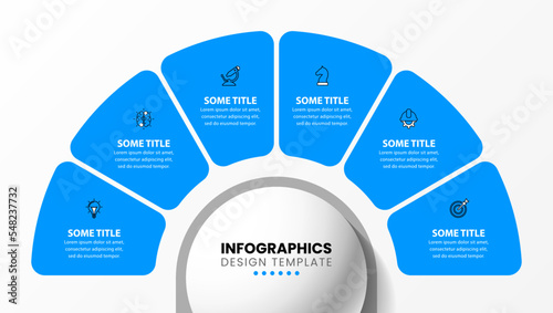 Infographic template. Blue half circle with 6 steps and text