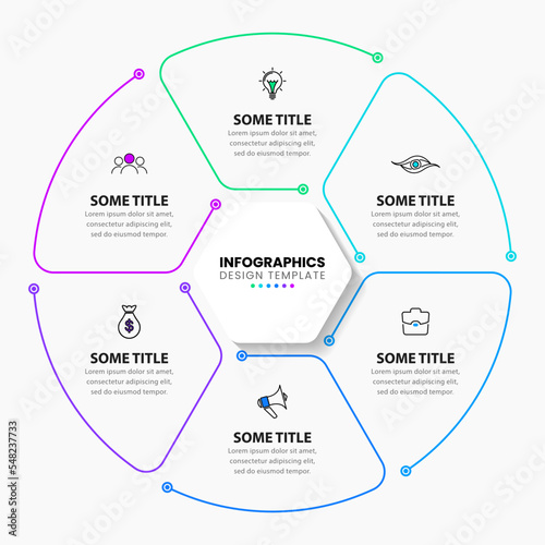 Infographic template. Hexagon in a circle with 6 steps. Line art