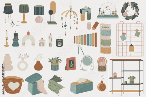 Aesthetic home items big set. Vector accessories for a cozy home and children's room in one set.