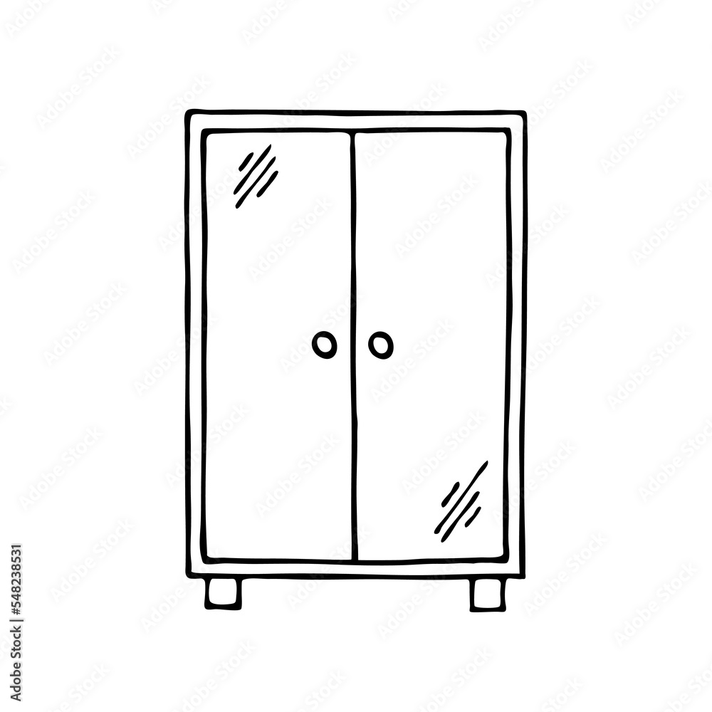 Wardrobe with doors. Home wardrobe. Wooden furniture for the interior of the room. Vector black and white isolated illustration. Hand drawn outline sketch Wardrobe with doors. Home wardrobe. Wooden furniture for the interior of the room. Vector black and white isolated illustration. Hand drawn outline sketch