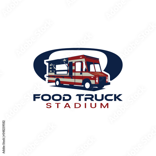 American food or beverage truck logo vector. Suitable for food or beverage businesses on the roadside, stadiums, restaurants etc.