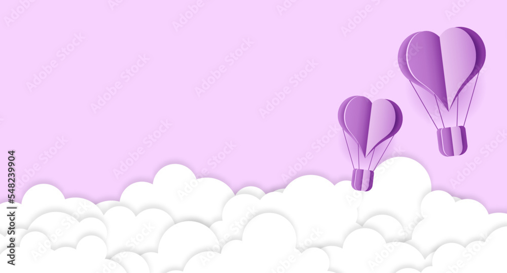 Paper cut heart hot air balloon and white clouds. Origami made hot air balloon and clouds. Paper art style. Greeting or Sale banner. Vector illustration