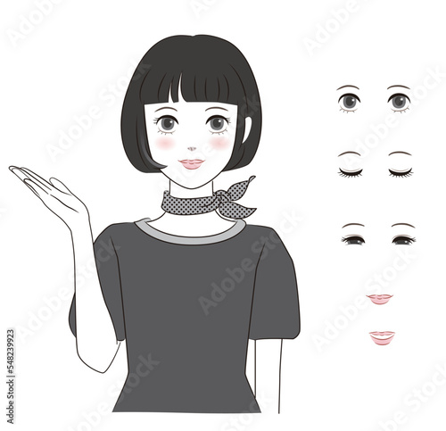 案内するボブヘアーの女性、表情パーツ