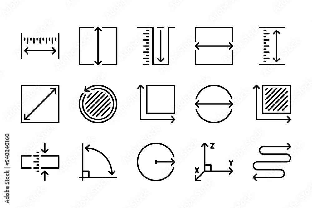 Measure and Length line icons. Scale and Size icon set. Measurement related vector editable stroke icon collection.