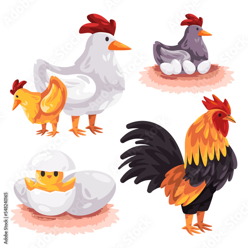 Fotografiet Cock cockerel chicken hen hatching illustration cartoon vector set