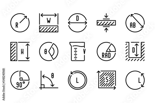Measure and Length line icons. Scale and Size with Notation for mathematical measurements icon set. Measurement related vector editable stroke icon collection.