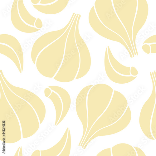 Juicy garlic pattern. Vector illustration isolated on white background. Cartoon design for paper, textile, gift wrapping, interior decor, menu.