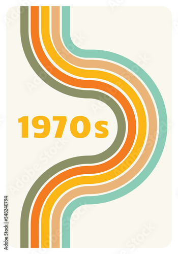 Striped lines design poster. Retro 1970s poster with vintage rainbow color lines. Abstract 1970s colorful background vector. Old-fashioned cover A4 for posters. Wallpaper with text template.