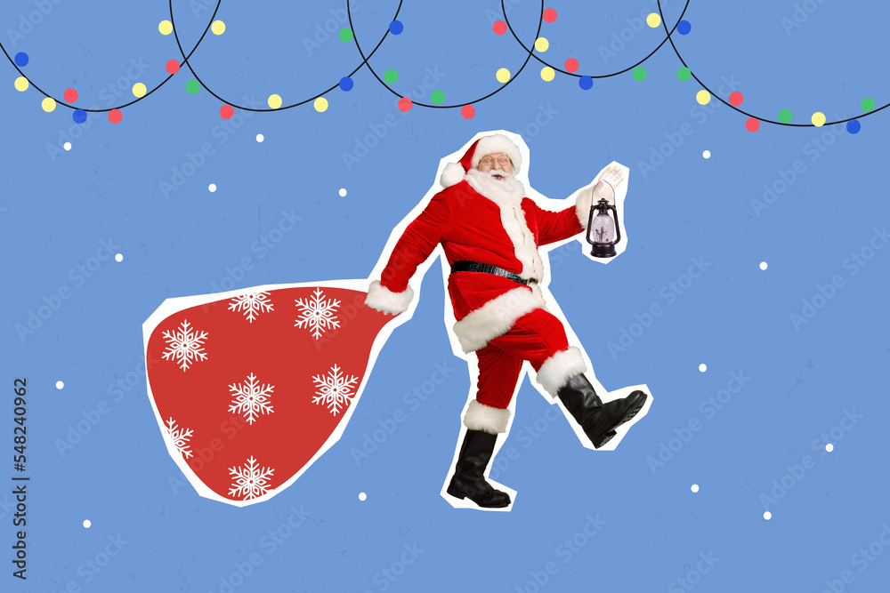 Creative photo 3d collage artwork poster postcard brochure of santa claus carry bag go holiday concert isolated on painting background