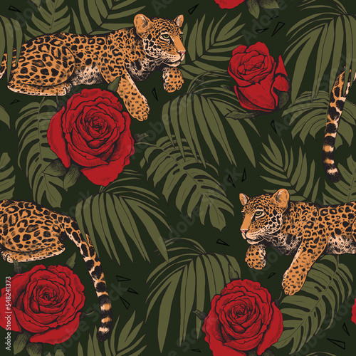 Leopards on the branches of a tree. Seamless pattern of tropical leaves, flowers, and leopards. A modern bright illustration in trendy colors..
