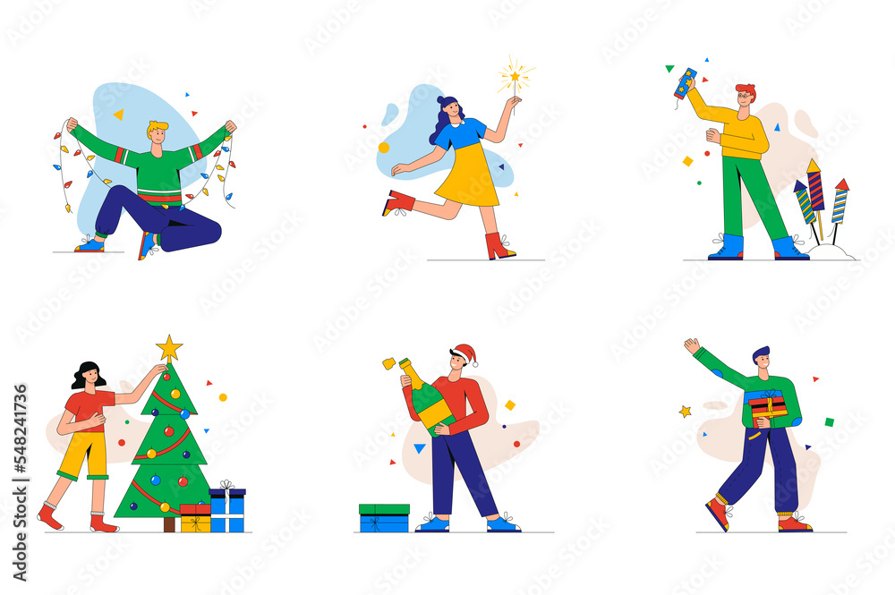 Christmas celebration set of mini concept or icons. People decorate tree with toys, light sparklers and fireworks, drink and give gift, modern person scene. Illustration in flat design for web