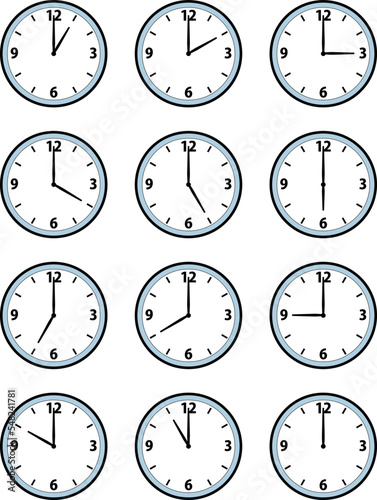 シンプルな12時間分の針時計のイラスト