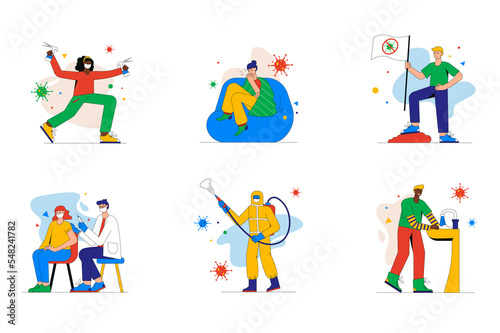 Coronavirus set of mini concept or icons. People get sick covid 19  wash their hands  disinfection  get vaccinated and fight virus  modern person scene. Illustration in flat design for web