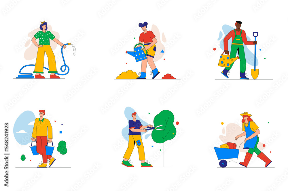 Garden work set of mini concept or icons. People watering plants, pruning trees, transporting crops on trolley, using equipment on farm, modern person scene. Illustration in flat design for web