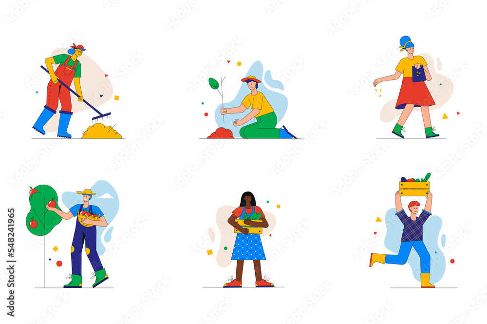 Garden work set of mini concept or icons. People working rake, plant seedlings and sow seeds, harvest fruits and vegetables on farm, modern person scene. Illustration in flat design for web
