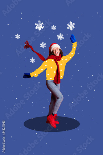 Photo artwork minimal picture of smiling funky lady enjoying snowy weather x-mas time isolated drawing background