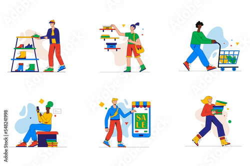Shopping time set of mini concept or icons. People choose shoes and goods in store or supermarket, making purchases online, buy at sale, modern person scene. Illustration in flat design for web