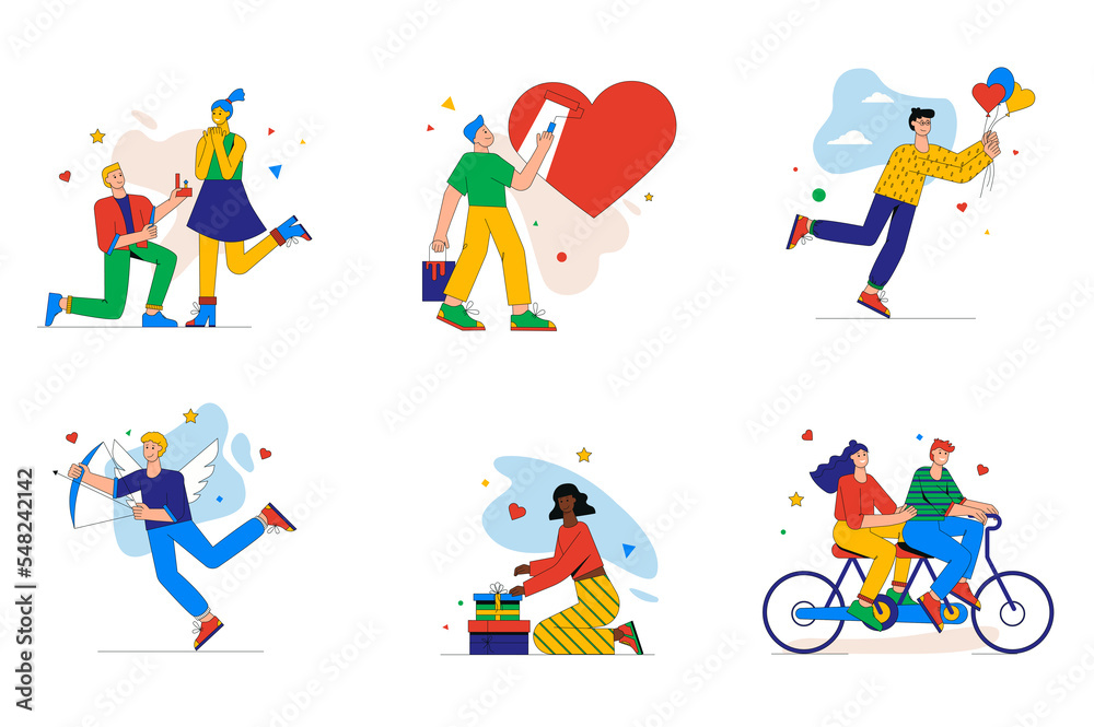 Valentines day set of mini concept or icons. People celebrate holiday, man proposes to woman, declarations of love, romantic date, modern person scene. Illustration in flat design for web