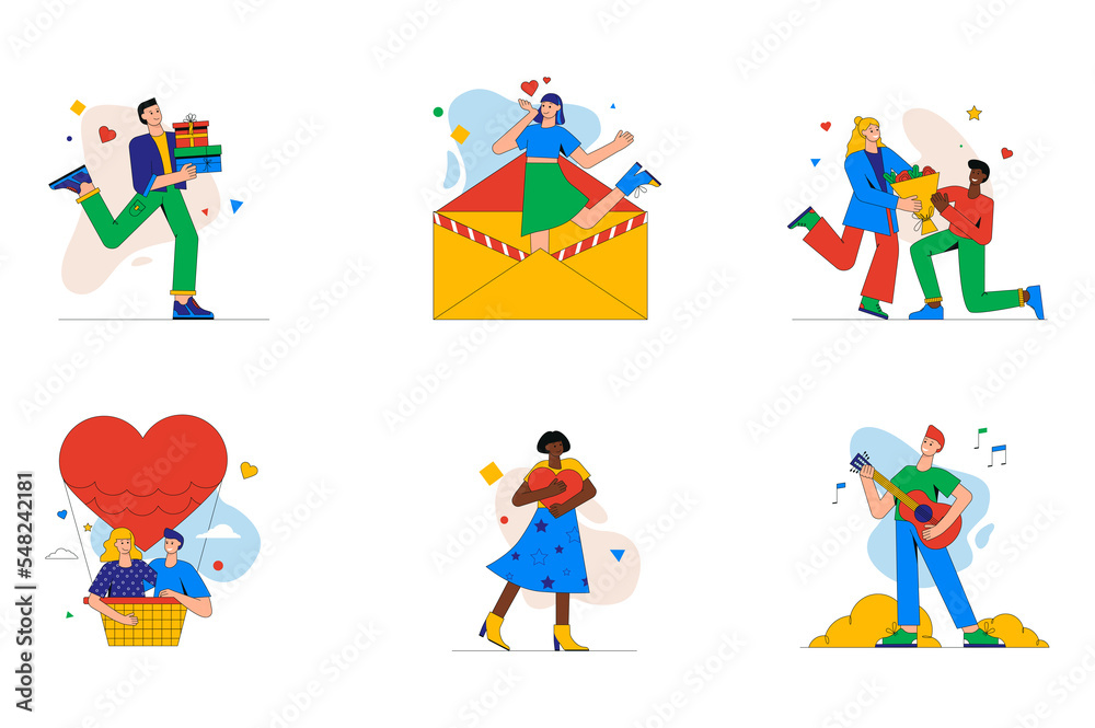 Valentines day set of mini concept or icons. People celebrate romantic holiday, give gifts, flowers and love letters, sing serenades, modern person scene. Illustration in flat design for web