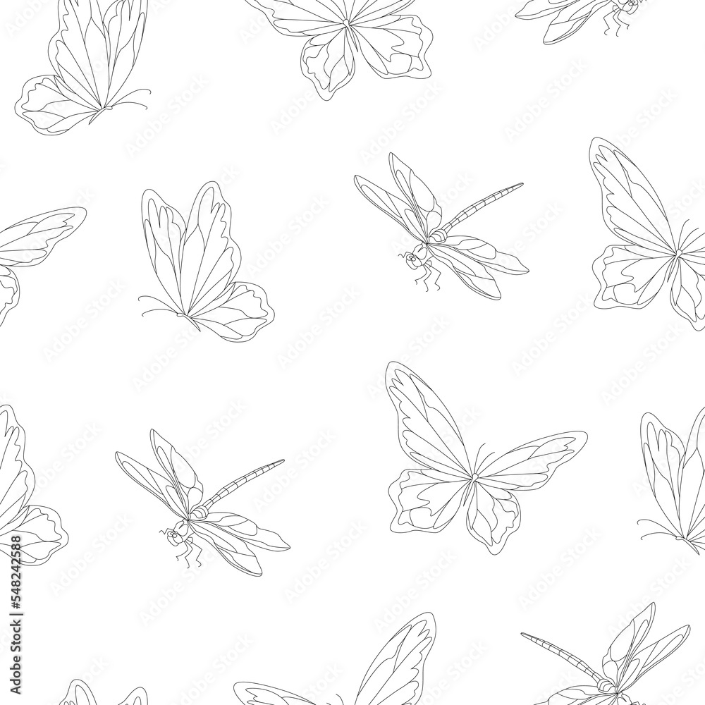 Fototapeta premium Dragonfly and butterfly seamless pattern. Dragonfly and butterfly background. Vector illustration.