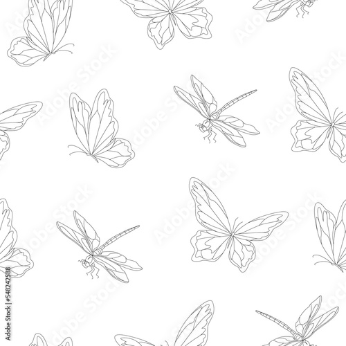 Dragonfly and butterfly seamless pattern. Dragonfly and butterfly background. Vector illustration.