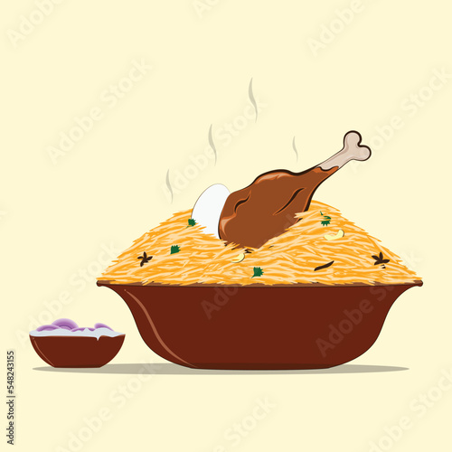 served chicken biryani with Onion Raita. India's famous non-veg food.