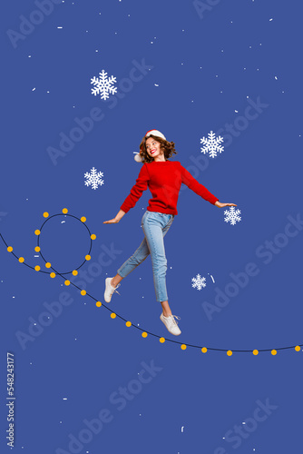 Creative retro 3d magazine image of dreamy sweet santa assistant walking xmas illumination isolated painting background