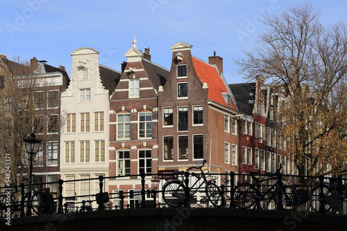 Photography Amsterdam Keizersgracht Canal House Facades View with Bridge Railing and Bicycle