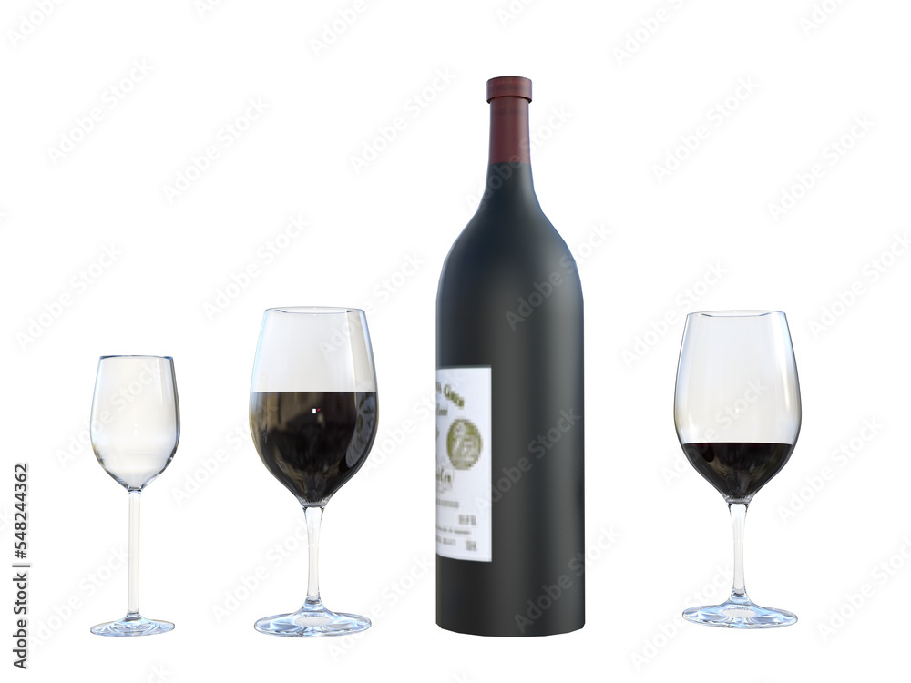 red wine bottle and glass on transparent background. 3d rendering red wine bottle and glass on transparent background. 3d rendering