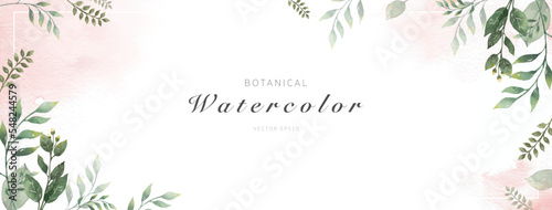 Lovely botanical green leaf watercolor painting border design frame on white pink banner background for wedding, invitation, greeting cards and more