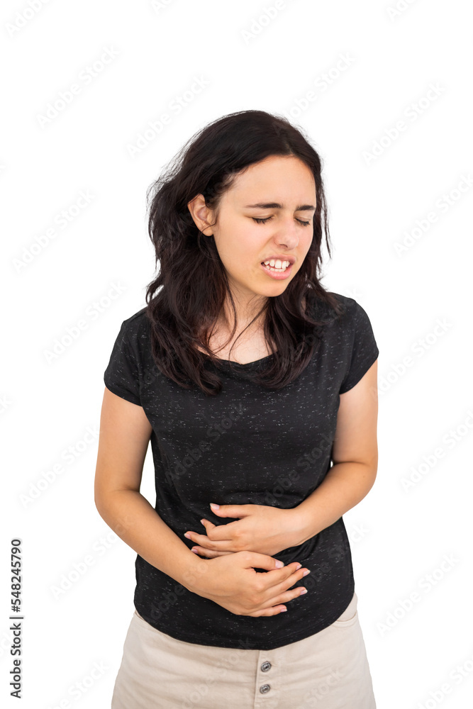 Young girl suffers from abdominal pain. Menstrual pain in teenagers. Woman holding her stomach in pain Young girl suffers from abdominal pain. Menstrual pain in teenagers. Woman holding her stomach in pain