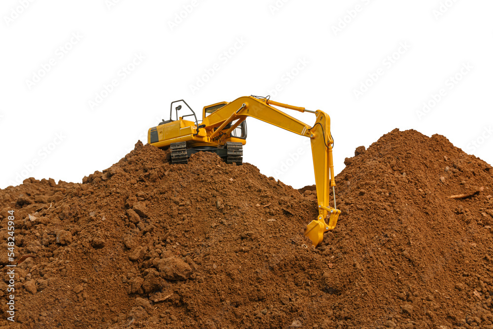 Crawler Excavator is digging soil in the construction site  on  isolated white background.