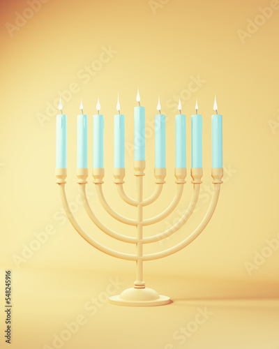 Hanukkah Menorah Festival Of Lights Nine Blue Candles White Flame Home Temple Israel Hebrew Religion Symbol Jerusalem Background 2022 3d illustration render