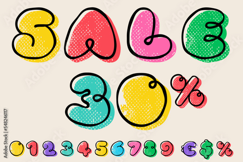 Sale banner template with numbers set hand-drawn with a marker with paint shift effect.