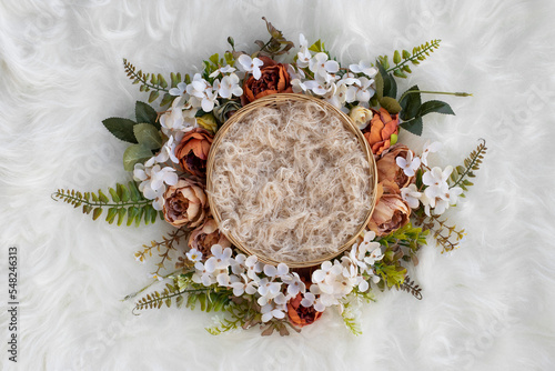 Newborn digital backdrop with handmade wreath of flowers and basket . Newborn background. Top view. Flat lay.