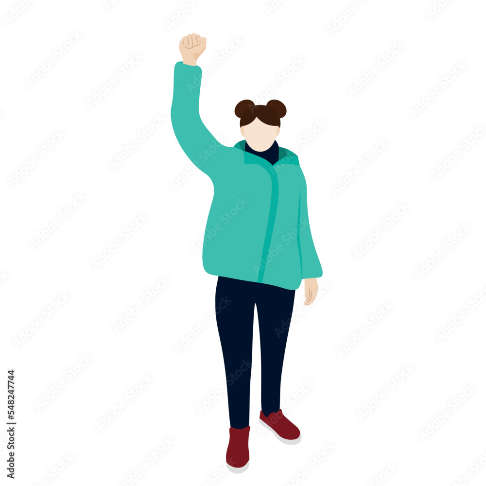 Fototapeta premium A girl in a green jacket stands with her hand raised, flat vector, isolate on white, protest, faceless illustration