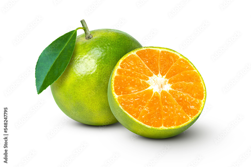 Tangerine orange with green leaf and cut in half slice isolated on white background. Tangerine orange with green leaf and cut in half slice isolated on white background.