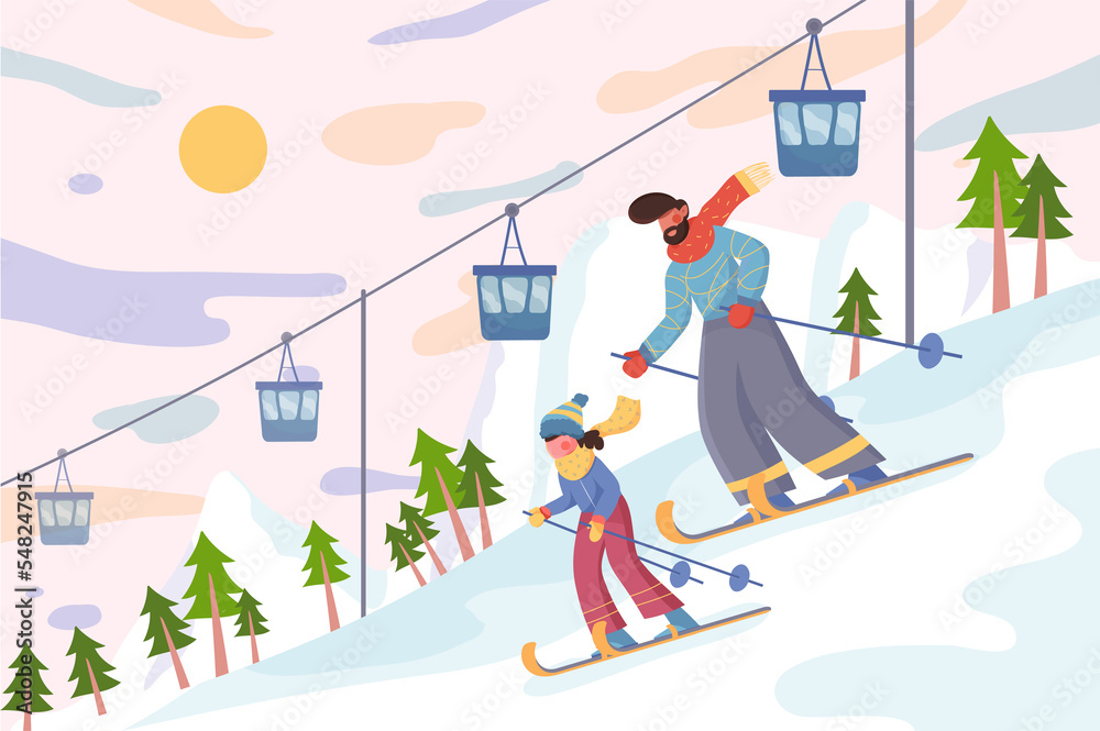 Family at ski resort at winter background. Father and daughter are skiing on snowy slope. Nature scenery with downhill, trees, mountains and cables ropeway. Illustration in flat cartoon design