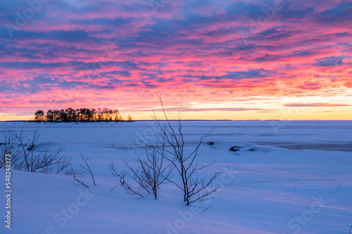 Fototapeta Naklejka Na Ścianę i Meble -  Sunset over the frozen sea. Fäboda, Finland.