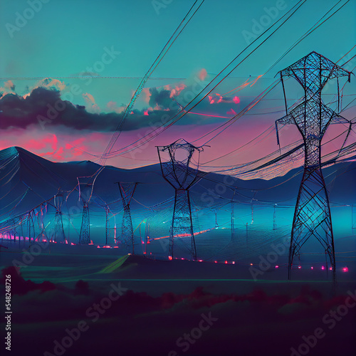 Industial powerlines with lightning photo