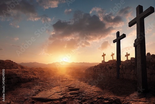 Fotobehang Christian crosses on empty tomb in old abandoned cemetery