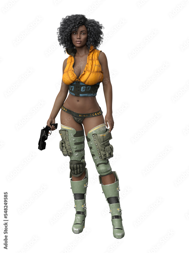 Full length portrait of a beautiful futuristic fantasy soldier woman holding a pistol. Isolated 3D illustration. Full length portrait of a beautiful futuristic fantasy soldier woman holding a pistol. Isolated 3D illustration.
